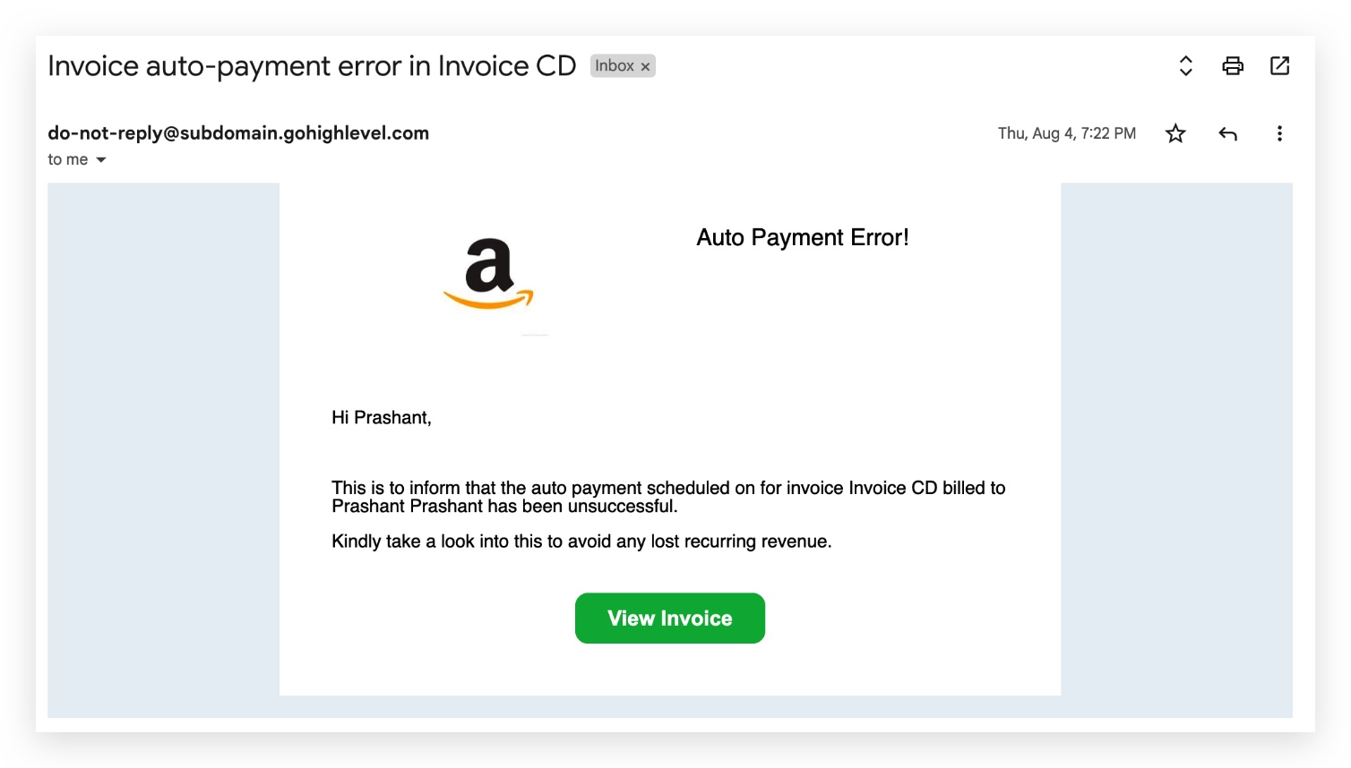 Error in auto-payment of a recurring template