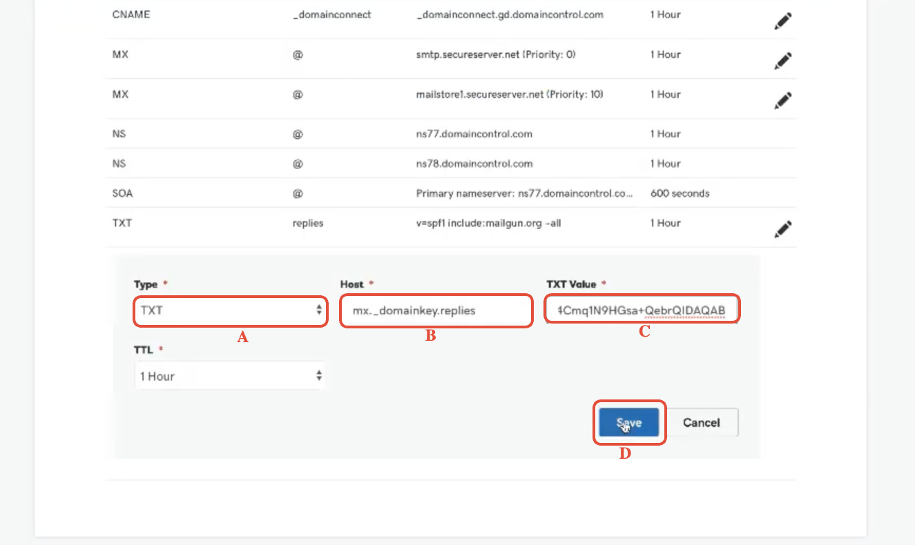 Completed second TXT record in GoDaddy