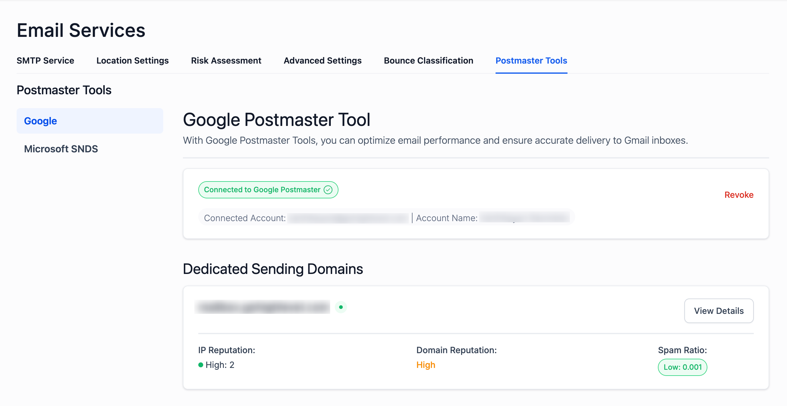 Connected dashboard showing Postmaster metrics for your dedicated sending domains