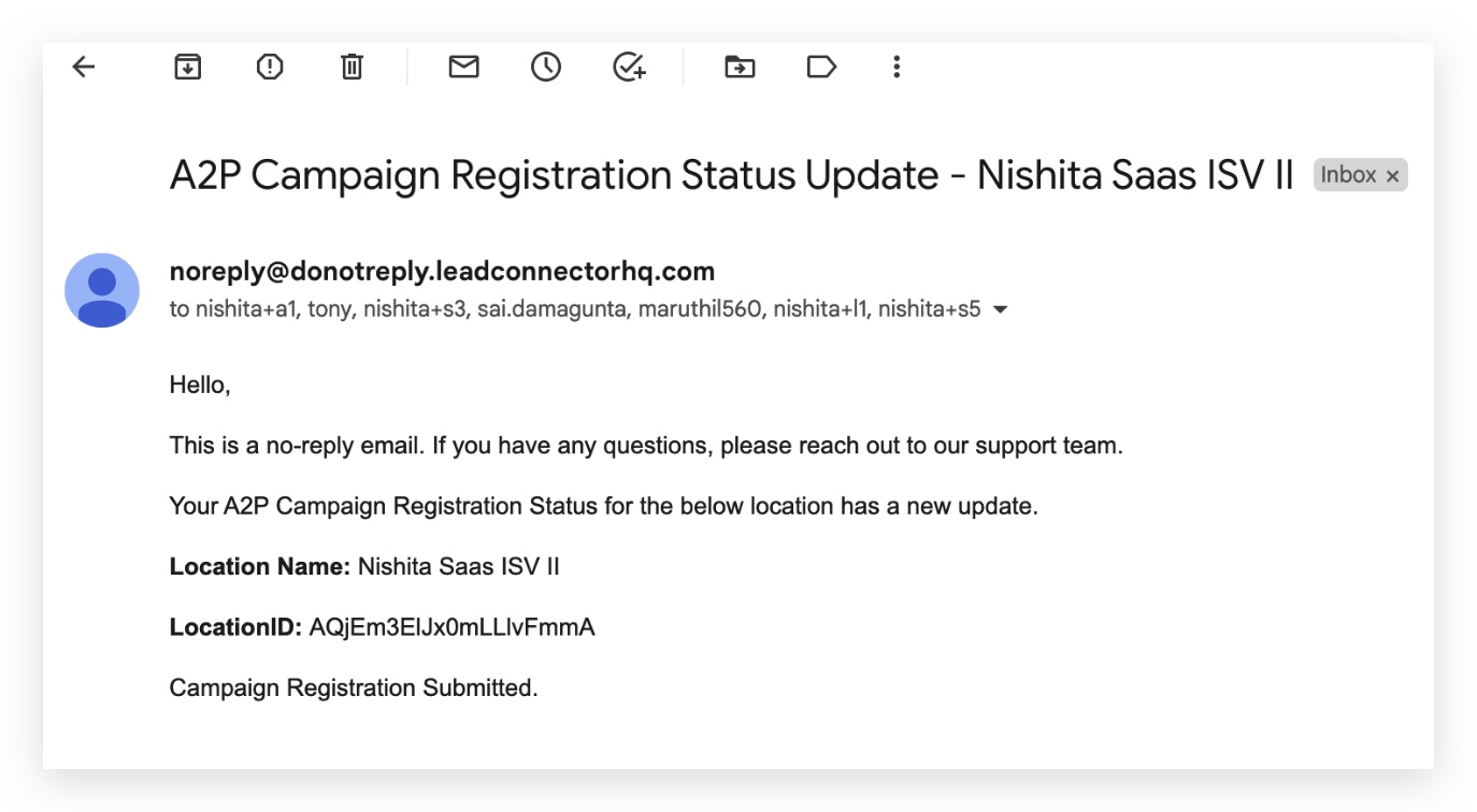 A2P / Toll Free verification status email — sample 1