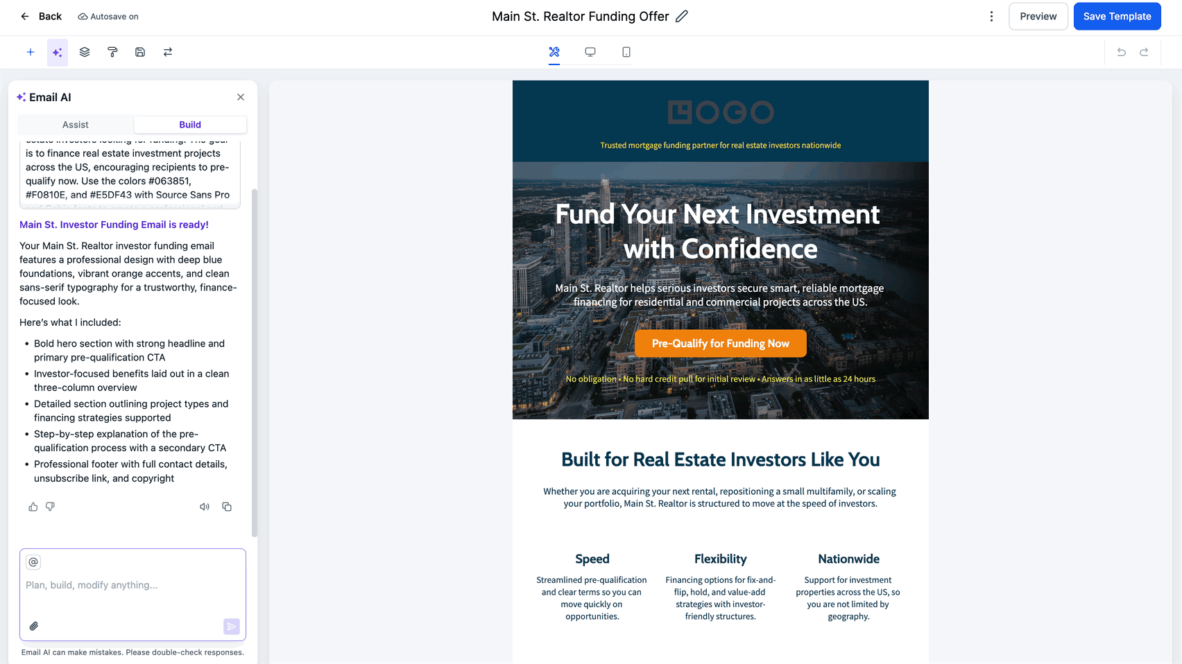 Previewing the email in the builder