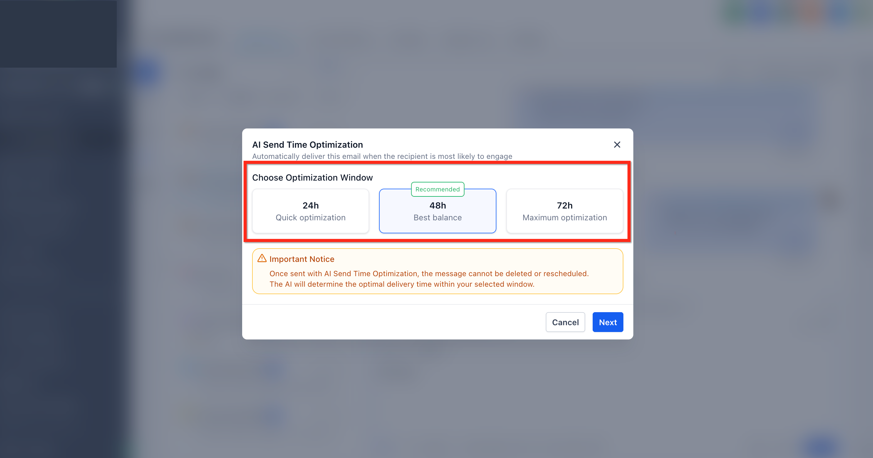 Optimization window selection screen with 12h, 48h, and 72h options and a Next button