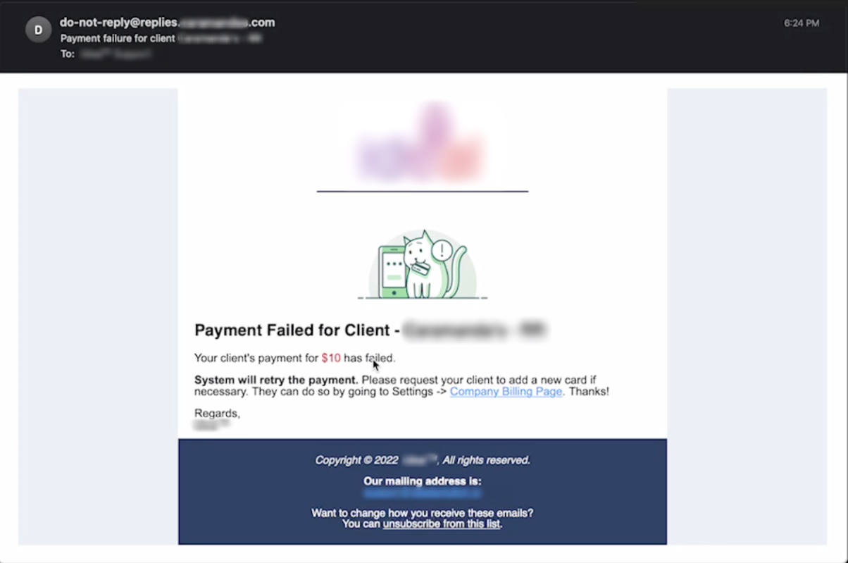 Payment failed for the client