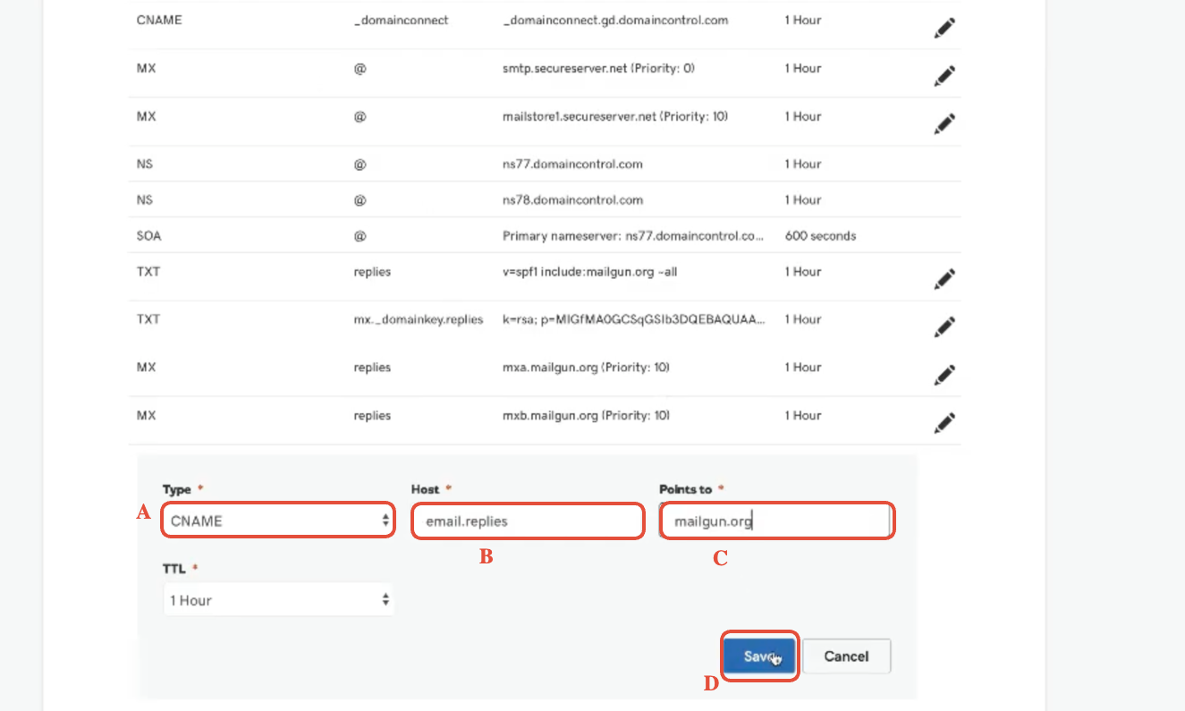 Add CNAME record form in GoDaddy