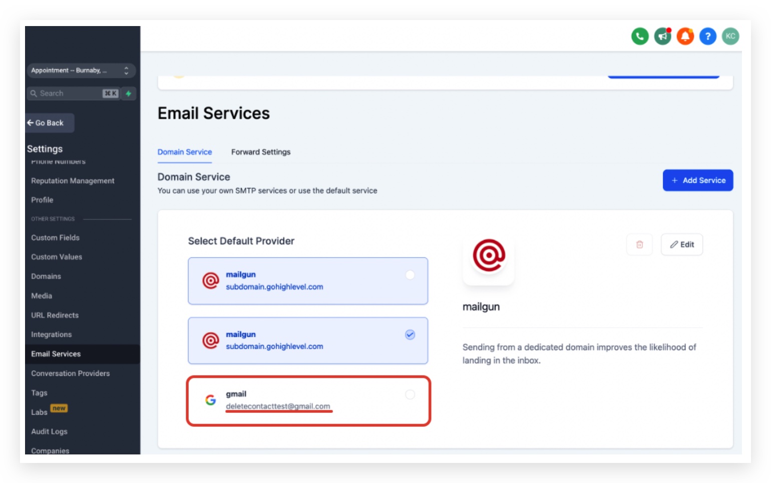 SMTP sender email in Email Services settings