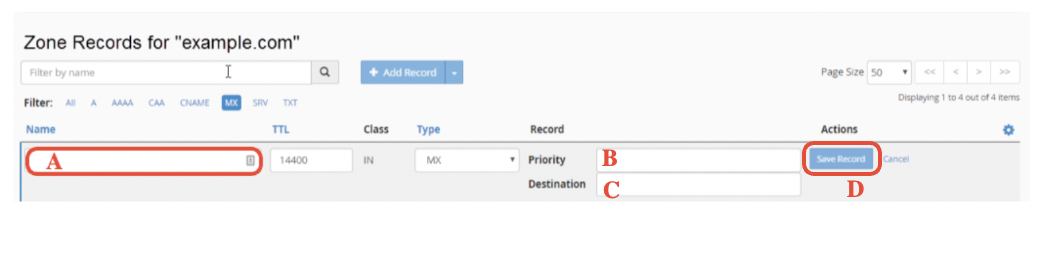 MX record fields highlighted in cPanel