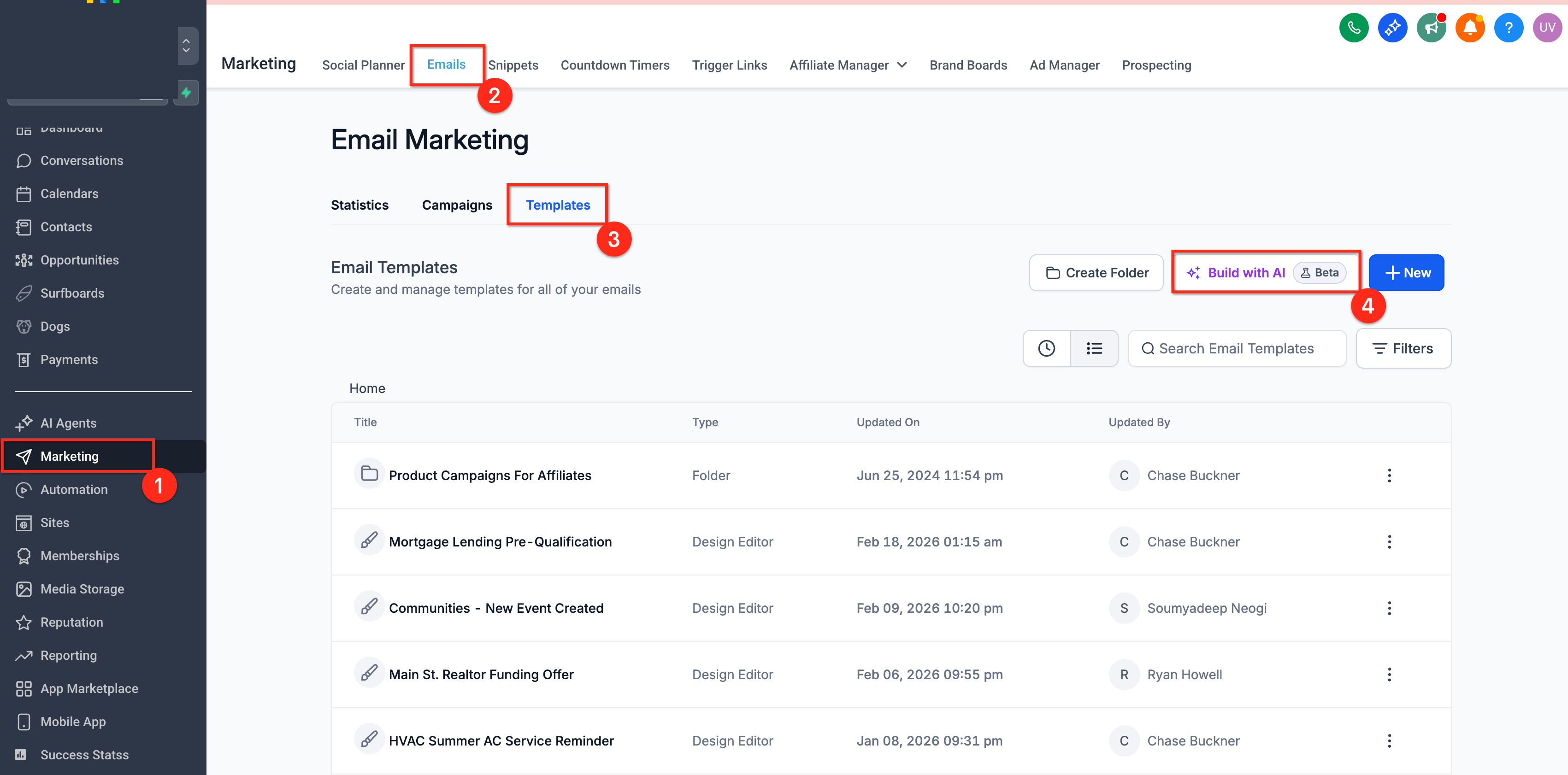 Build with AI button in the Templates tab