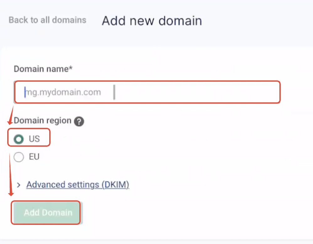 Add domain form with US region selected