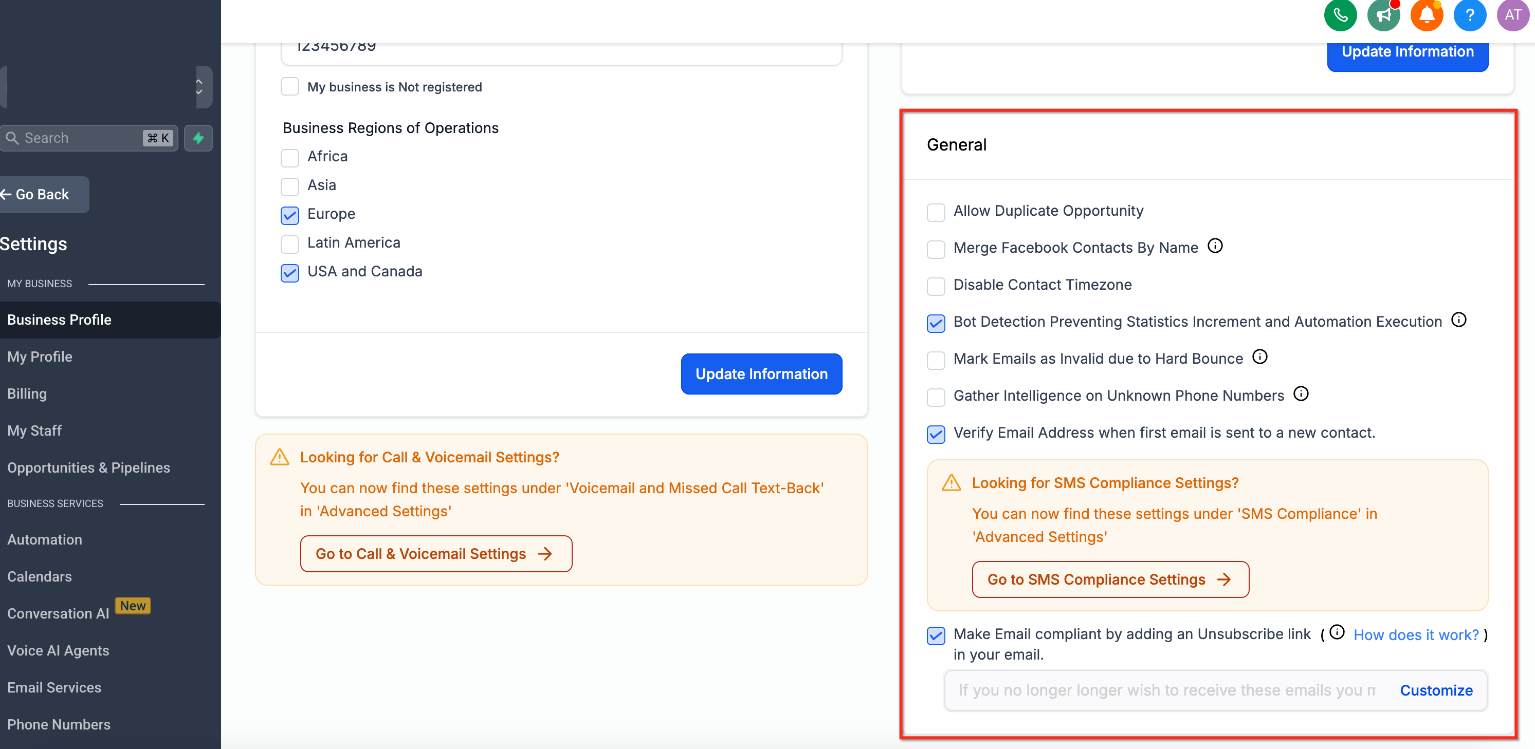 Business Profile General tab showing unsubscribe link settings