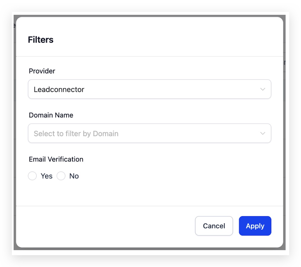 Filter by SourCherry options showing domain name and email verification filters